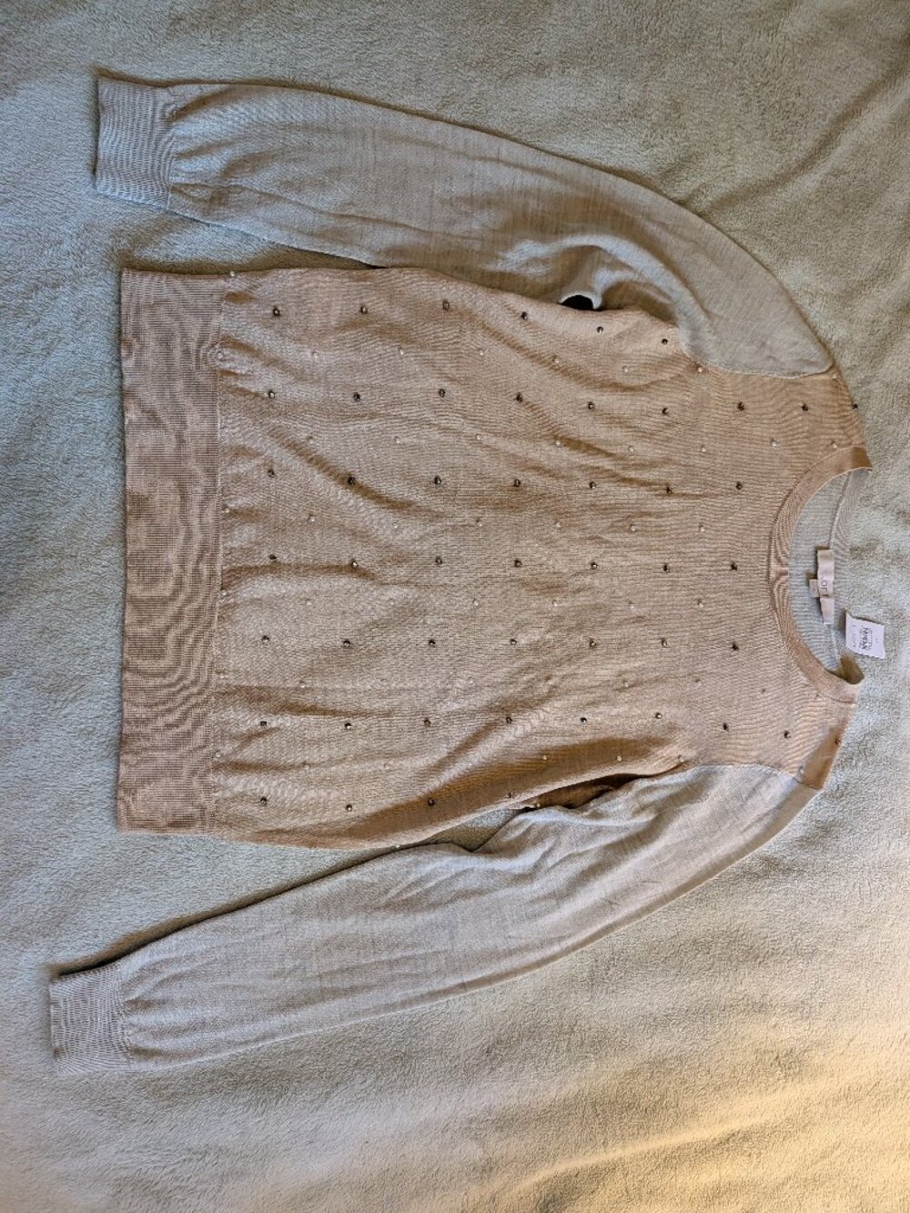 WOMEN'S TOP LOFT NEW M Medium Long Sleeve Pastel Orange Beige Pearls Gems Stones
